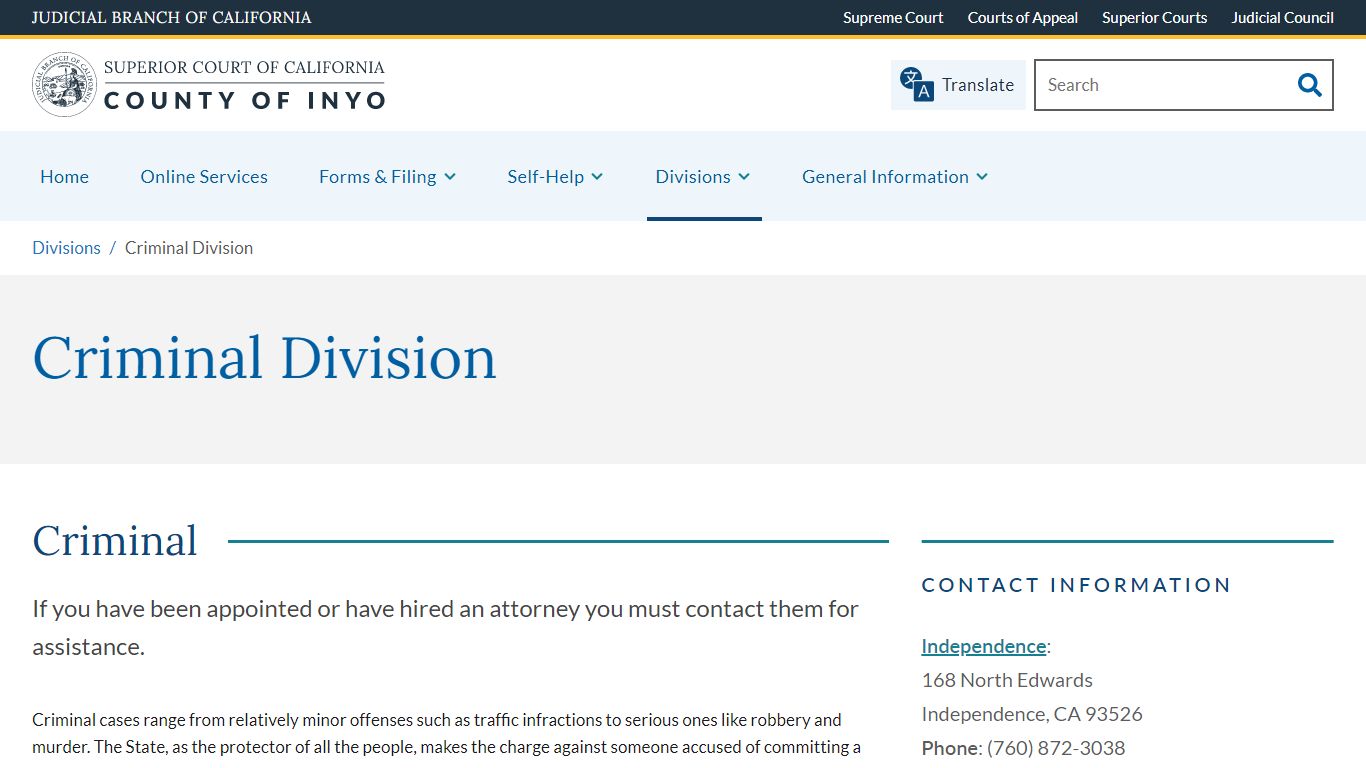 Criminal Division | Superior Court of California | County of Inyo