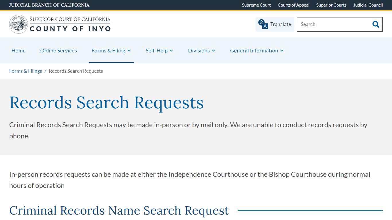 Records Search Requests | Superior Court of California | County of Inyo